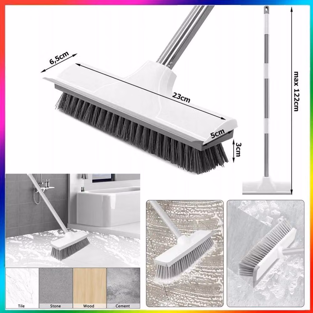 VOGREX White Long Handle Floor Scrub Brush with Telescopic Stainless Steel Handle and Scraper for Tiles, Tubs and Glass – 2