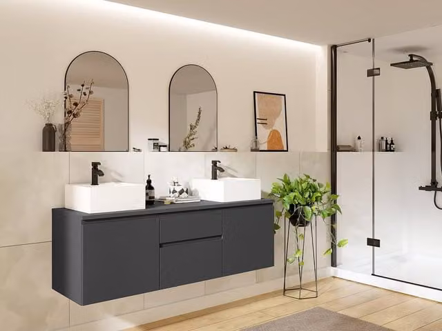 Vente-unique JIMENA II Wall-Mounted Vanity Unit in Grey, W: 150 cm, D: 50 cm, H: 46 cm – 1