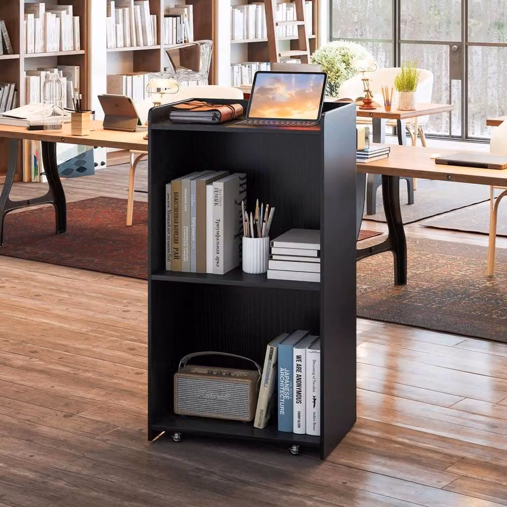 Havendro Podium Rolling Lectern Stand with 2 Storage Shelves, Black – 5