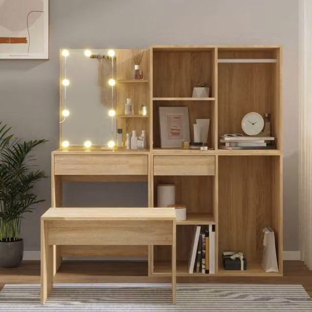 Berkfield Home Hollywood LED Dressing Table Set in Brown Sonoma Oak – 1
