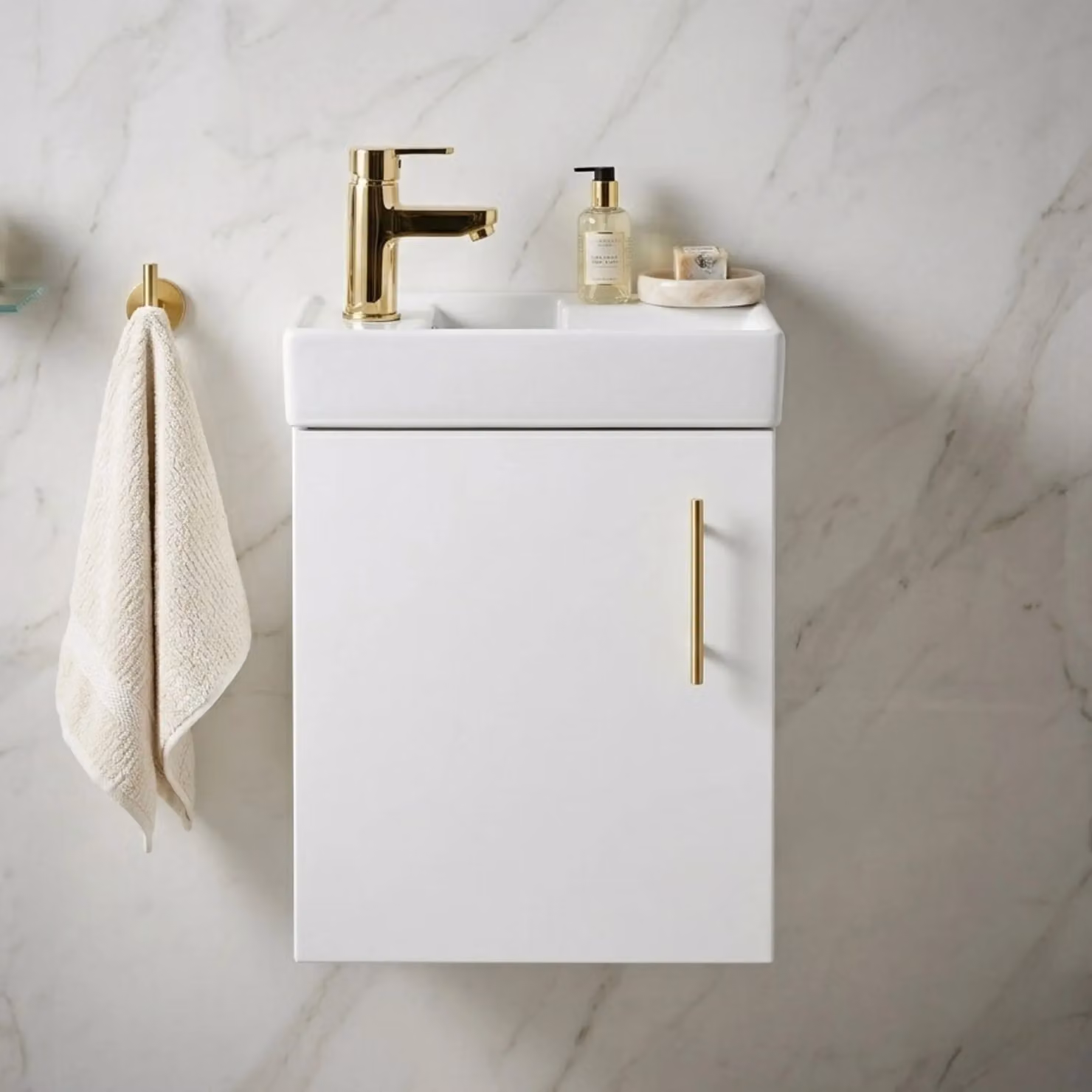 Balterley Modern Gloss White Wall Mounted Vanity Basin with Gold Hinged Soft Close Doors, Width: 40 cm – 5