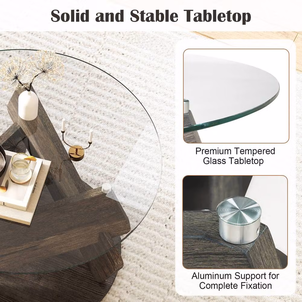 Gymax Round Rustic Glass and Rubberwood Coffee Table in Grey – 4
