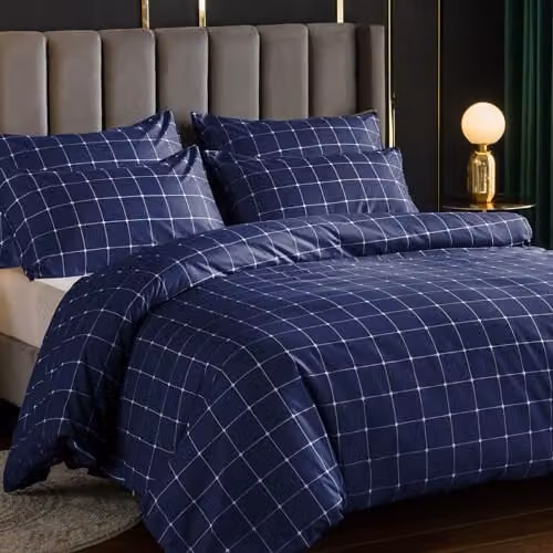 Lazzaro Home Blue Checked Microfibre King Size Reversible Duvet Cover and Pillowcase Set with Zip Closure