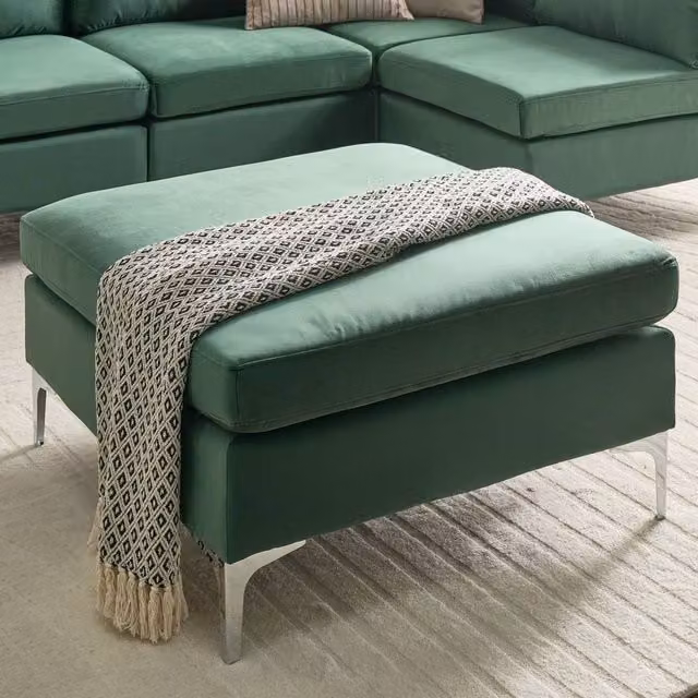 Wyld and Coco Green Velvet Rectangular Ottoman with Silver Metal Legs
