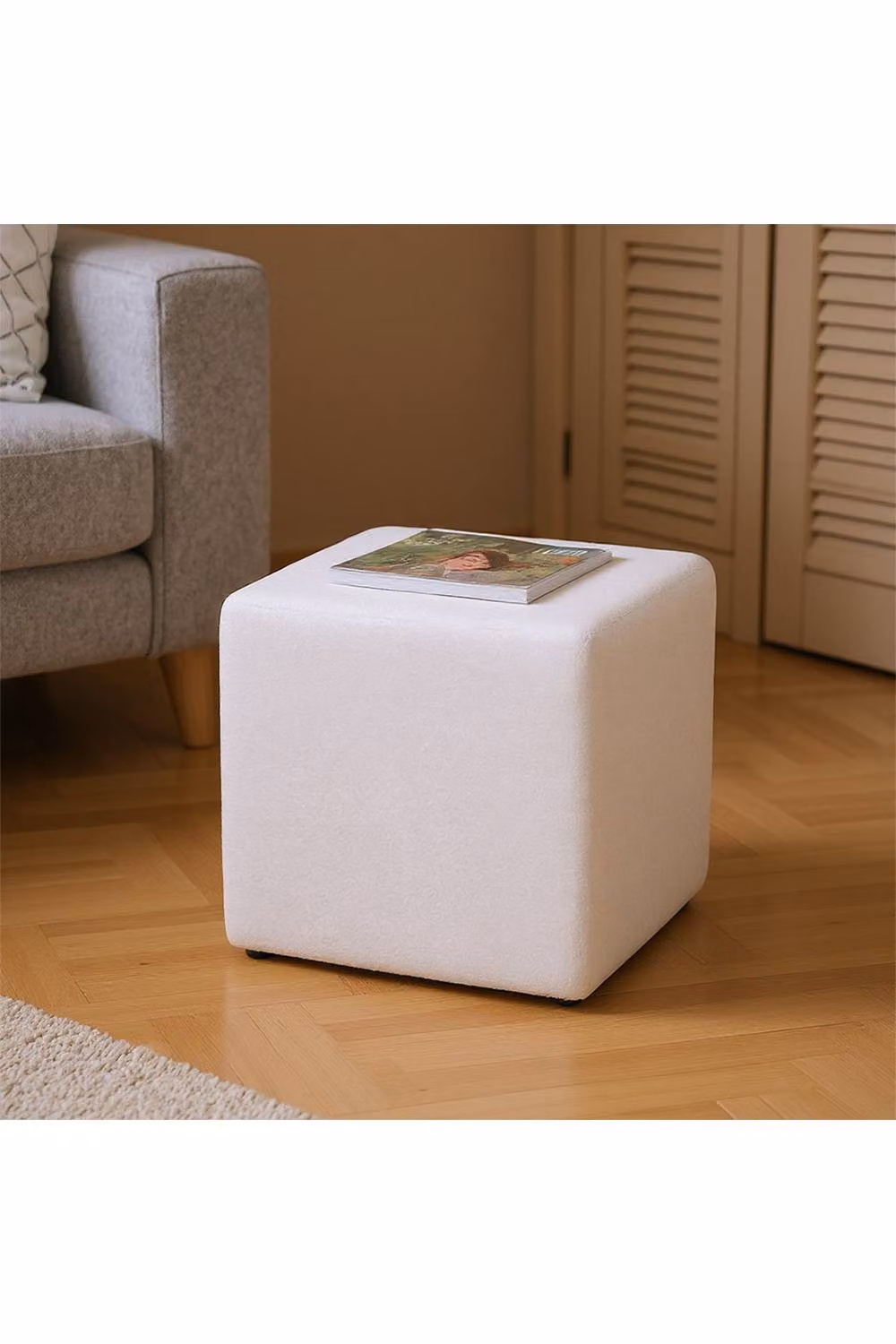 Living and Home White Teddy Fleece Upholstered Cube Footstool – 3