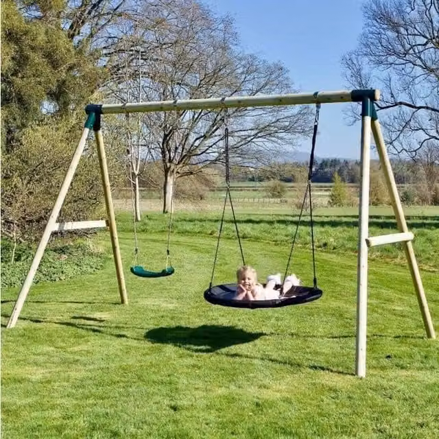Rebo Wooden Double Swing Set with Boat Swing in Green