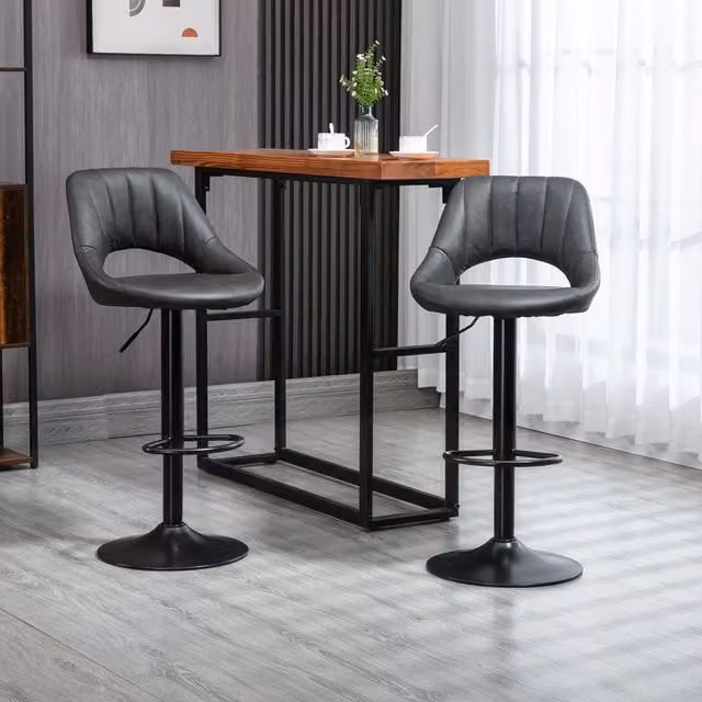 HOMCOM Set of 2 Adjustable Swivel Bar Stools in Grey and Black Synthetic Leather