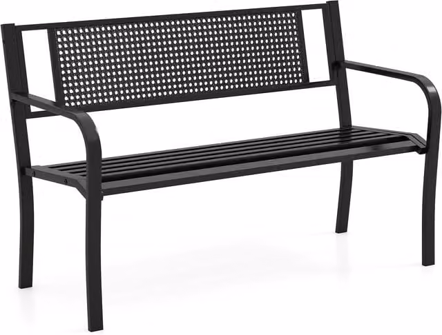 Gymax Black Metal Garden Bench with Geometric Patterned Backrest and Armrests, Width: 127 cm