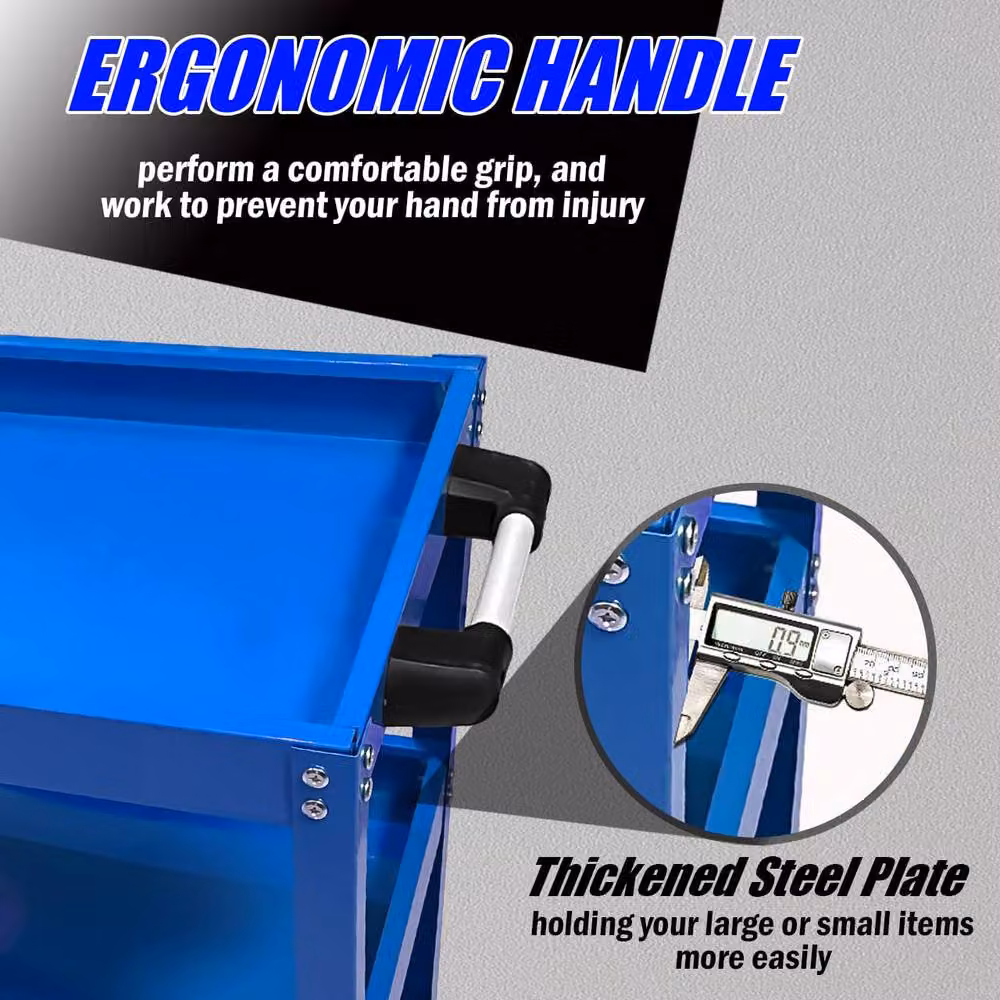 Dprodo Heavy Duty 3-Shelf Rolling Metal Cart with Brake Wheels, Blue, W/D/H: 60 x 60 x 74 cm – 5