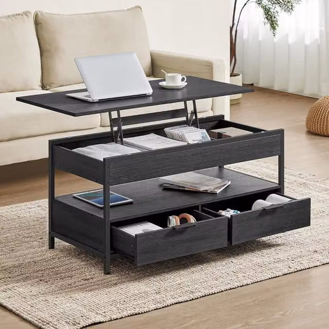 VASAGLE Lift Top Coffee Table with 2 Drawers, Charcoal Grey and Ink Black, W: 120 cm, D: 63 cm, H: 44 cm