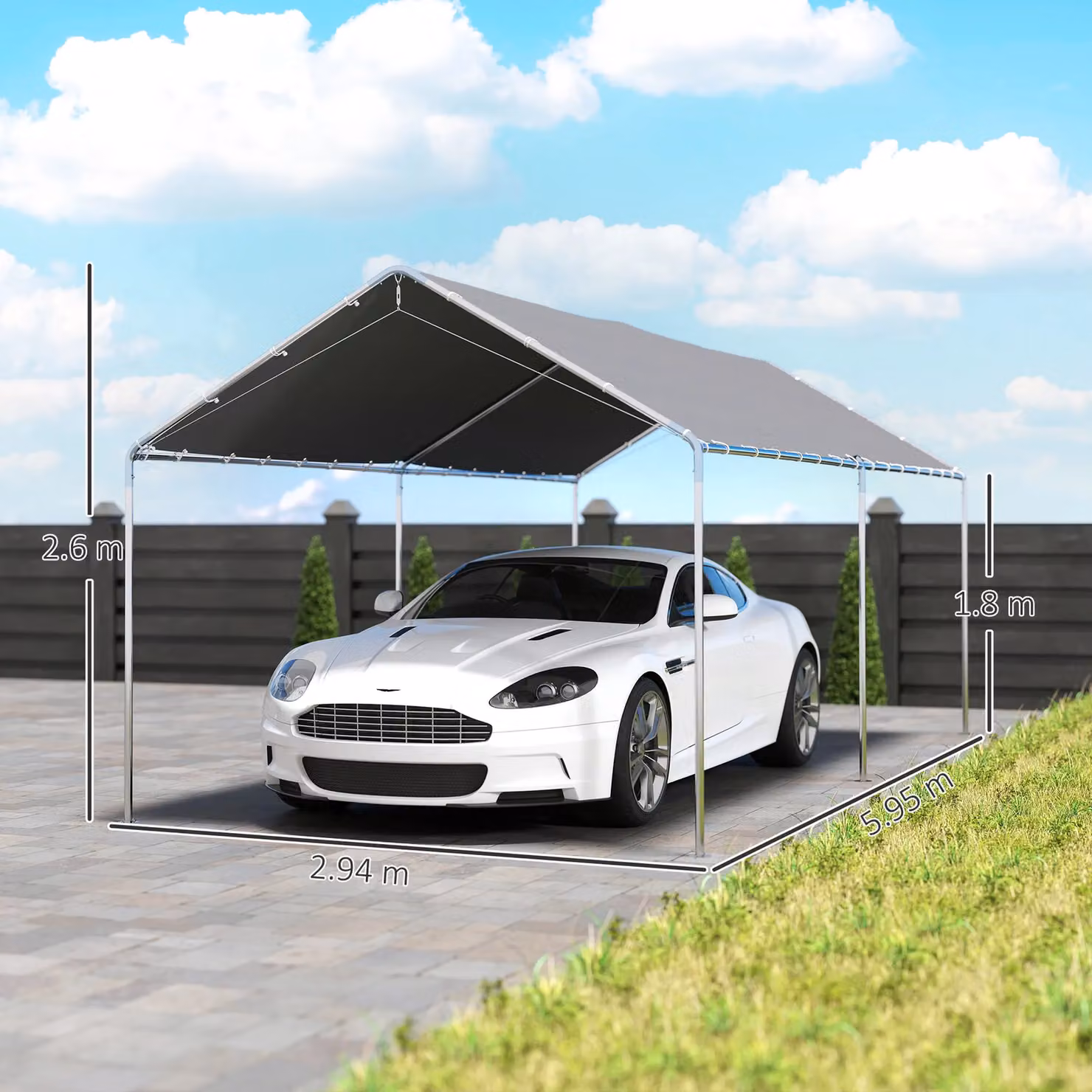 Outsunny Grey 2-Room Heavy Duty Carport Garage Shelter with Galvanised Steel Frame – 4