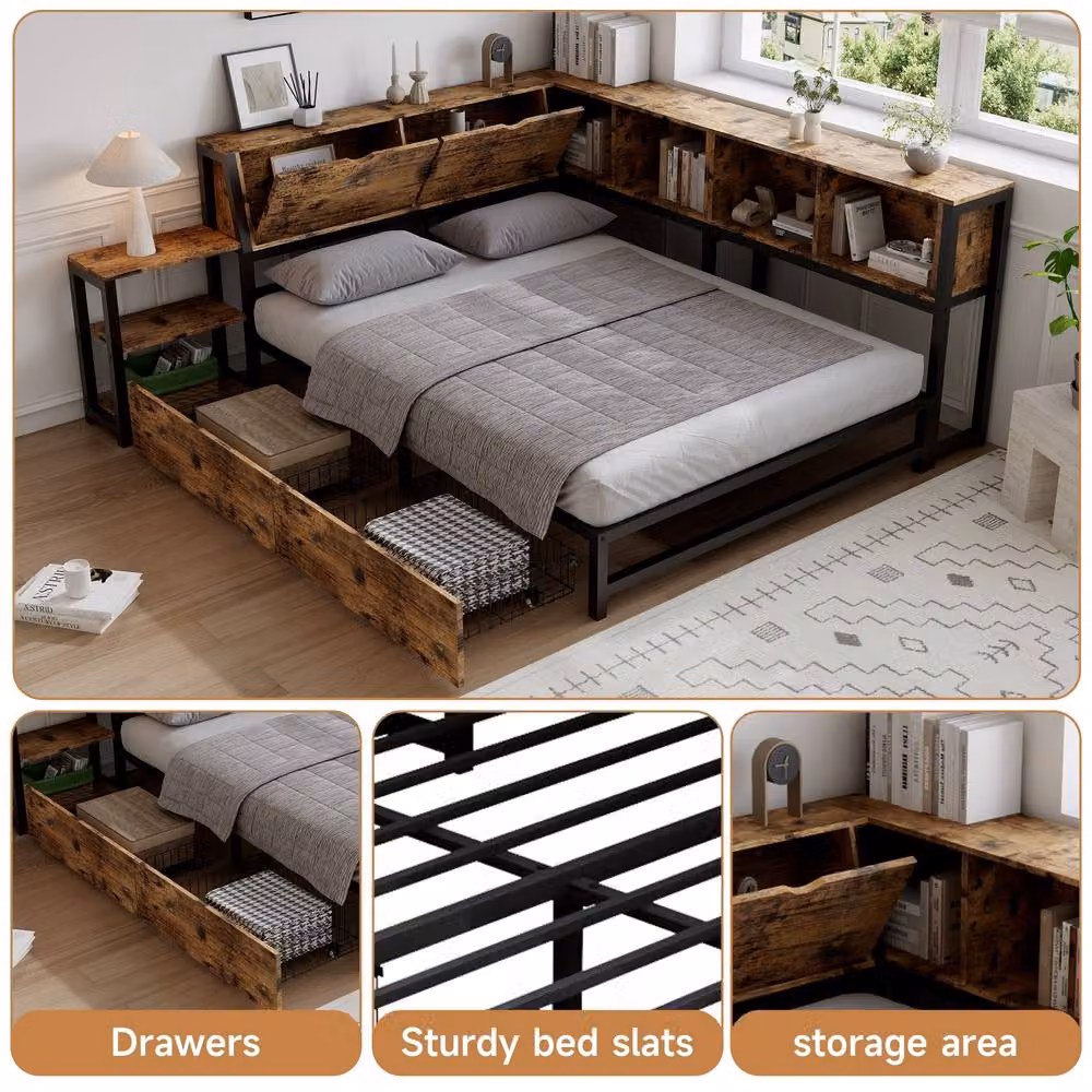 Rolipo Double Storage Bed Frame with 2 Drawers, Industrial Style, Brown and Black, W/D/H: 140 x 200 cm – 4