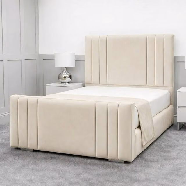 Living Comfort Bedz Canberra Upholstered Velvet Gas Lift Storage Bed in Beige, W/D/H: 140 x 200 cm