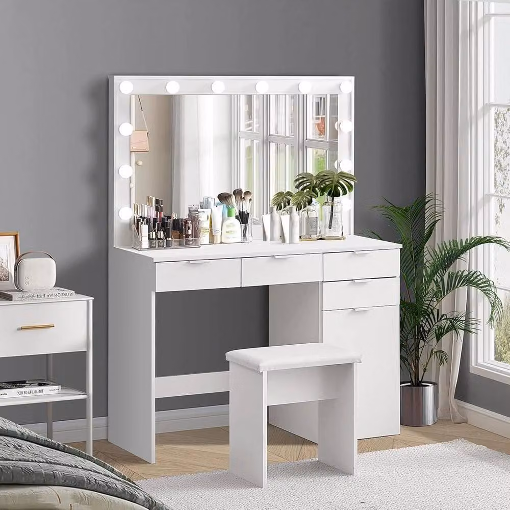 FLAVORA White Modern Vanity Dressing Table Set with Hollywood LED Light Mirror and Stool, W: 100 cm, D: 15 cm – 2