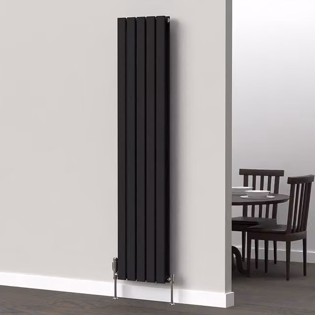 Lux Heat Black Flat Vertical Double Panel Steel Wall Mounted Radiator, H: 160 cm x W: 35 cm x D: 3.5 cm