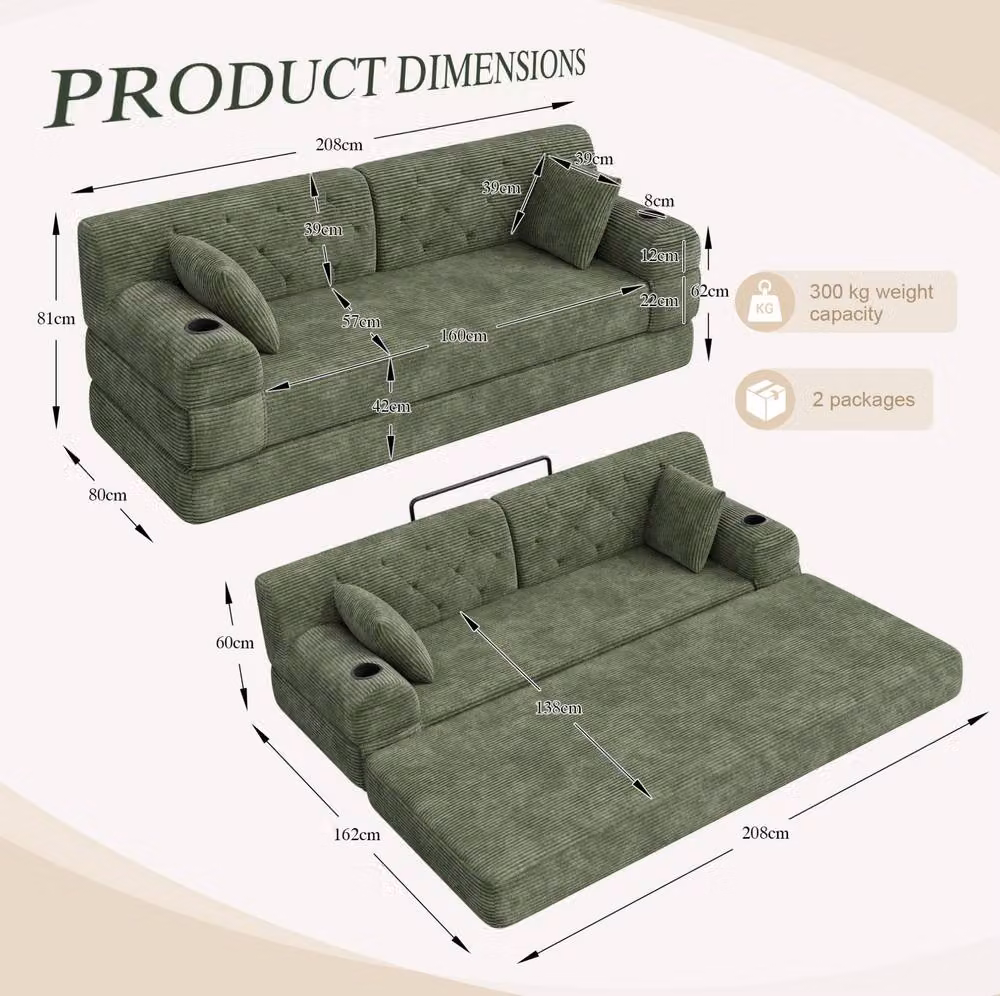 STILVORA Green Upholstered Click-Clack Sleeper Sofa with Cup Holders and Metal Frame – 3