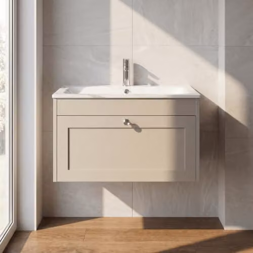 Balterley Wall Hung Single Drawer Vanity Unit with Rectangular Basin in Pebble Grey, W: 80 cm, D: 45.3 cm, H: 43.1 cm – 2