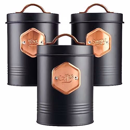 Cooks Professional 3-Piece Airtight Tea, Coffee and Sugar Canister Set in Black – 5