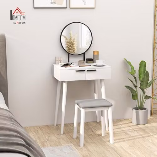 HOMCOM Modern Dressing Table with Mirror and Stool, White, W/D/H: 60 x 40 x 123 cm – 2
