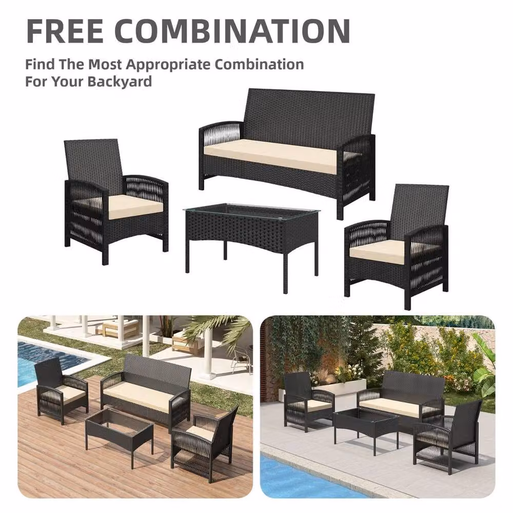 SPETLEK 4-Piece Black Rattan Garden Furniture Sofa Set with Glass Table – 3