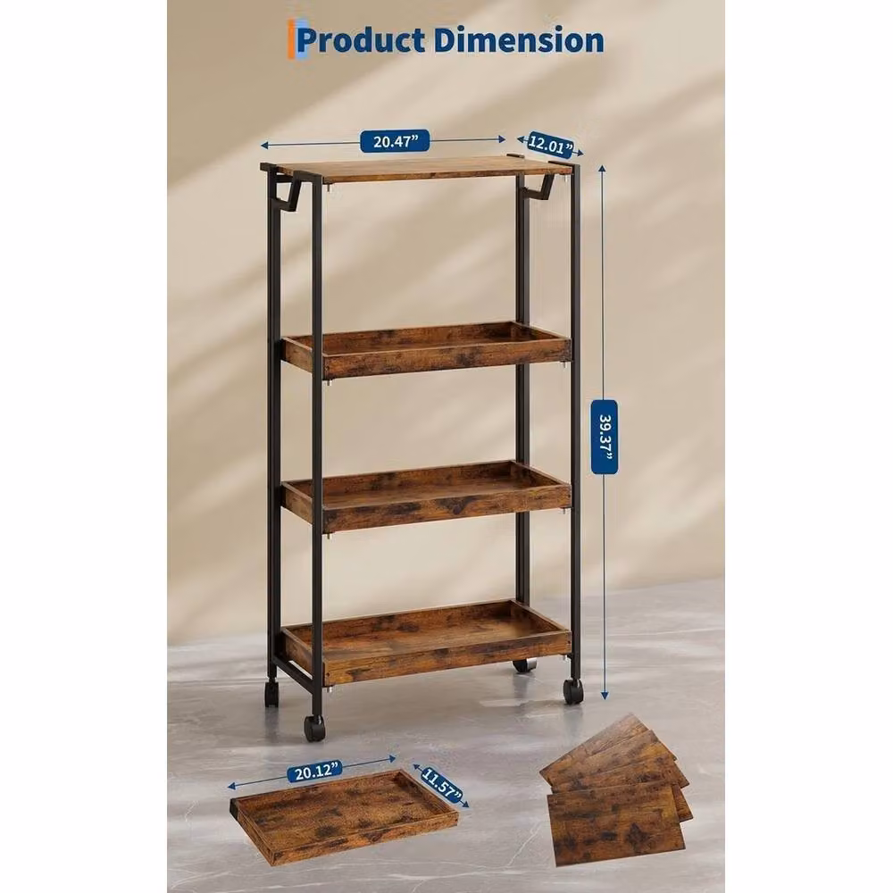 Nordara 4-Tier Brown Wood and Metal Folding Freestanding Shelf on Wheels – 2