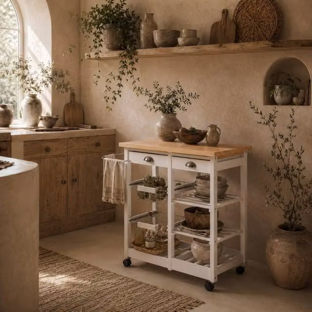 Wyld Haus Lelifa White Rolling Kitchen Island with Pine Wood Drawers and Shelves – 1