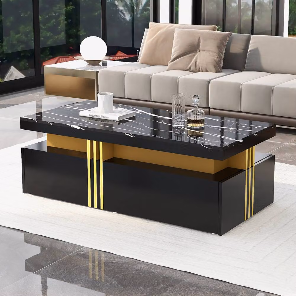 STILVORA Modern Black Coffee Table with Marble Pattern Top and 2 Drawers, W/D/H: 100 x 50 x 40 cm – 2