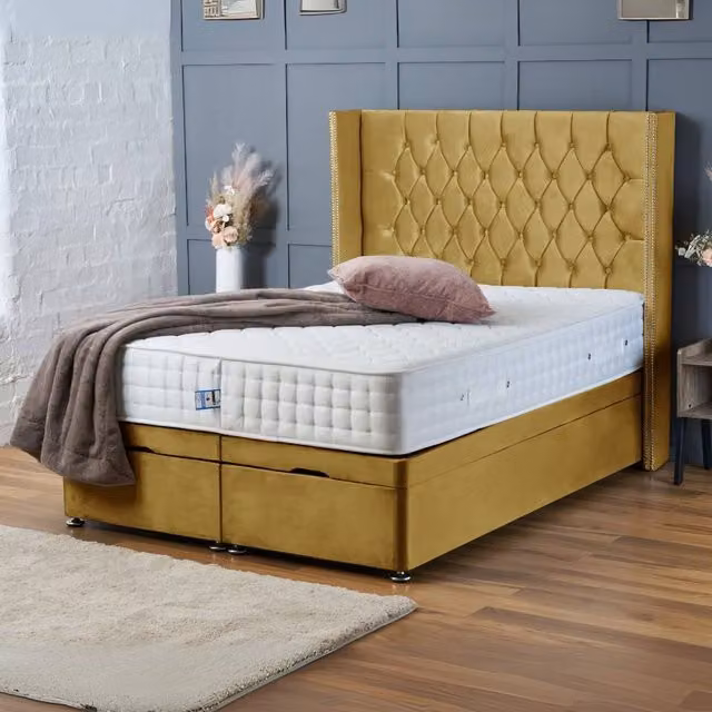 BSSPOKE Olivia Ottoman Divan Bed with 54 inch Headboard in Yellow Plush Velvet, W/D/H: 140 x 200 cm