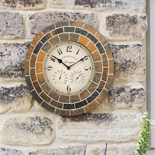 Garden Mile Rustic Geometric Mosaic Outdoor Wall Clock with Thermometer in Brown, Grey and Black