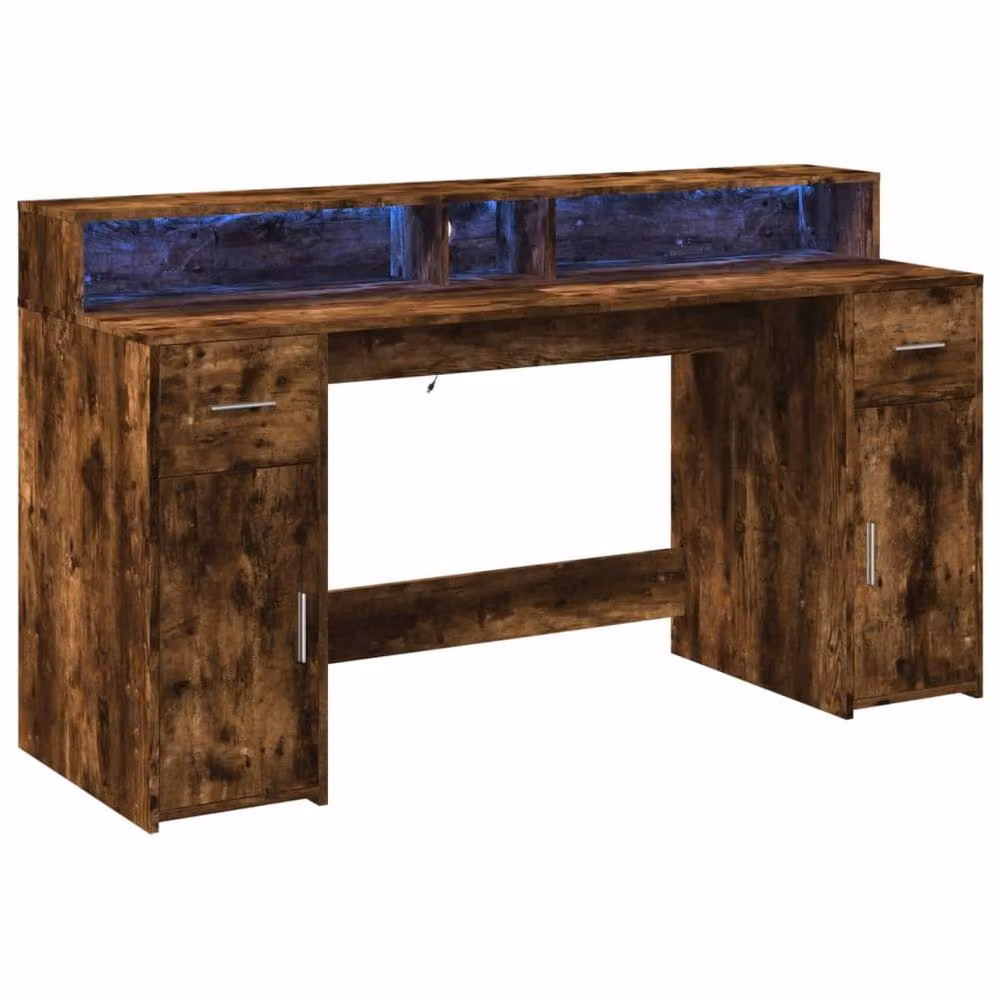 Berkfield Modern Gaming Desk with LED Lights in Smoked Oak Brown, W/D/H: 160 x 55 x 91 cm – 3