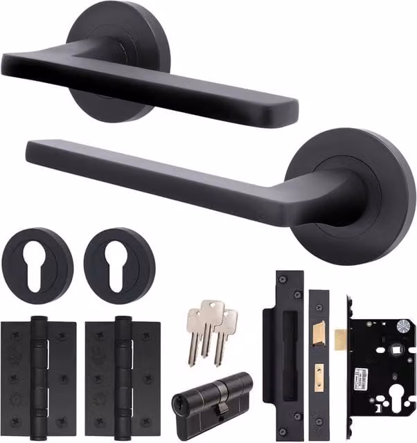 AFIT Black Aluminium Door Handle, Euro Lock Cylinder Set, Latch, Locks and Hinges, W/D/H: 15 x 15 x 15 cm – 1