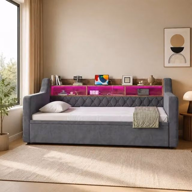 STILVORA Modern Grey Velvet Upholstered Sofa Bed with LED Lighting, USB Ports and Pull-Out Sleeping Function