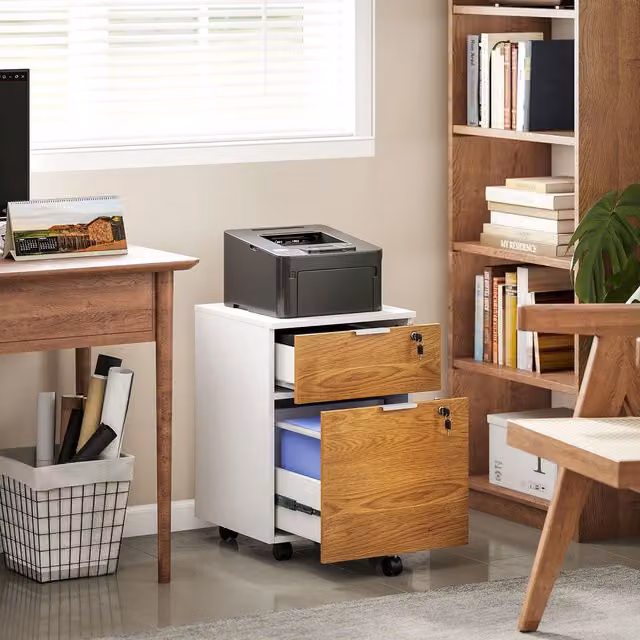 HOMCOM Lockable 2 Drawer Vertical Filing Cabinet on Wheels in Brown