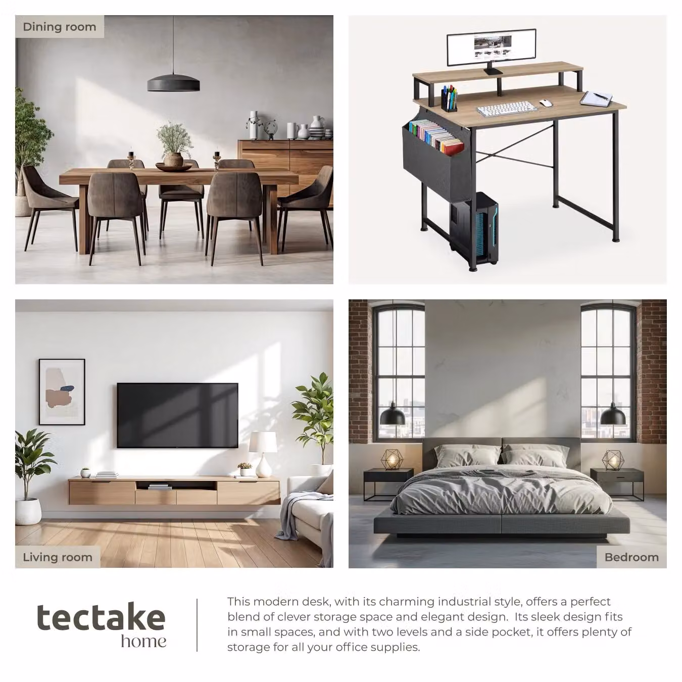 tectake Industrial Desk with Shelving and Fabric Storage Bag in Oak, W/D/H: 120 x 60 x 110 cm – 5