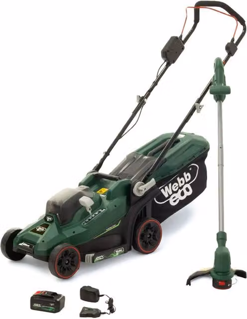 Webb 20V Cordless Lawnmower and Strimmer Starter Kit in Green with 4Ah Rechargeable Battery and Charger – 1
