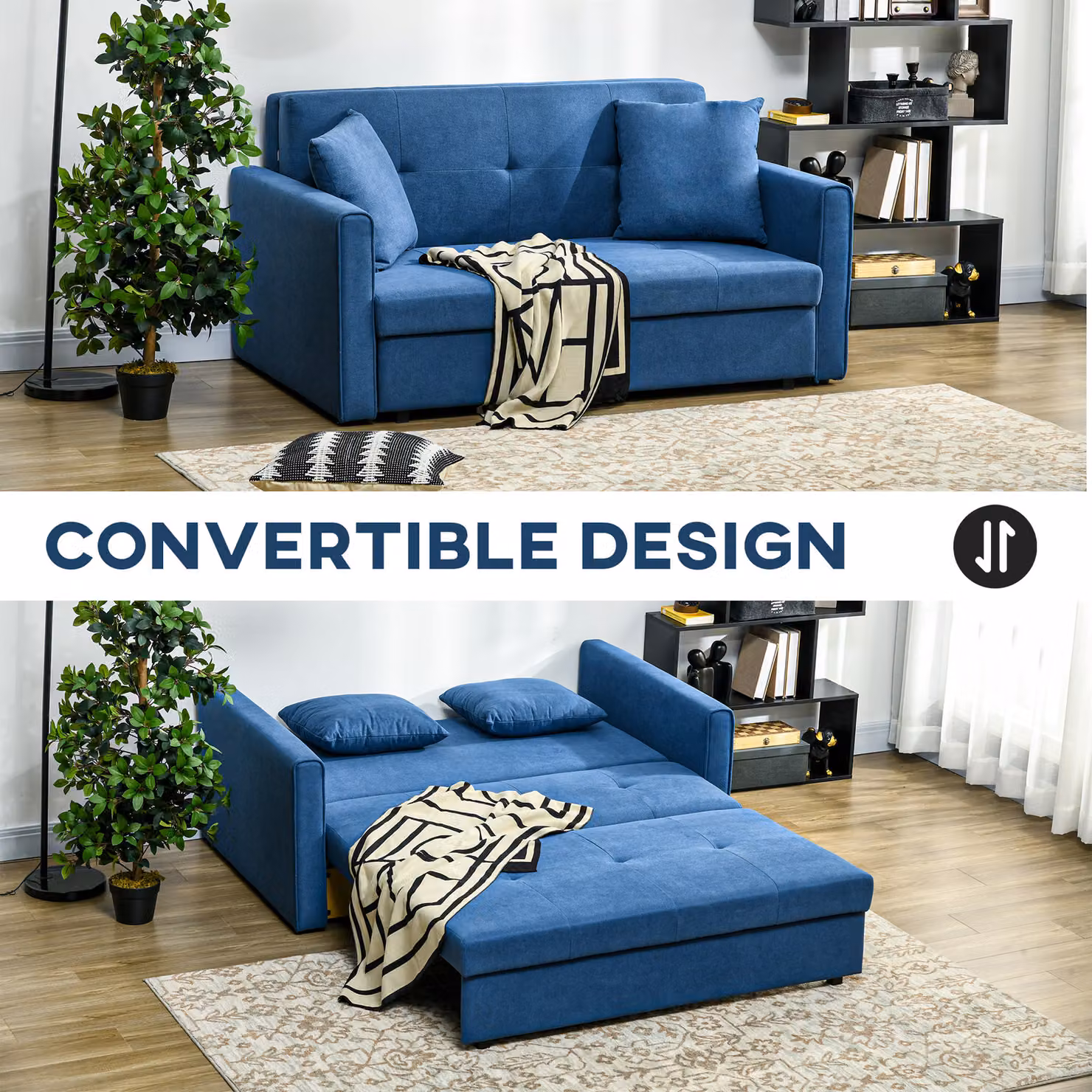 HOMCOM 2 Seater Convertible Sofa Bed with Storage and Scatter Cushions in Blue – 4