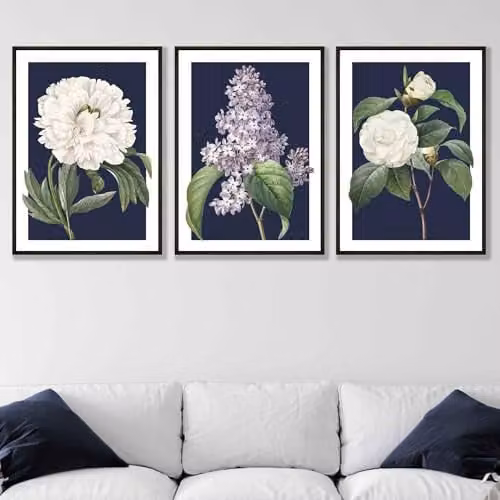 ARTZE Set of 3 Vintage Floral Botanical Paper Posters in Blue and White, W: 29.7 cm, H: 42 cm