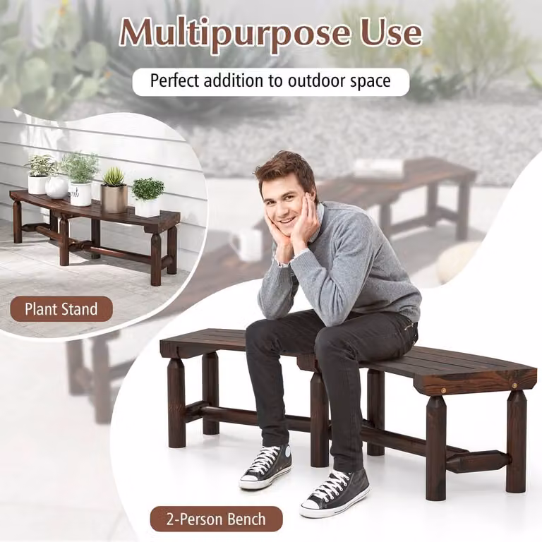 Gymax Brown Curved Pine Wood Patio Dining Bench for 2 Adults