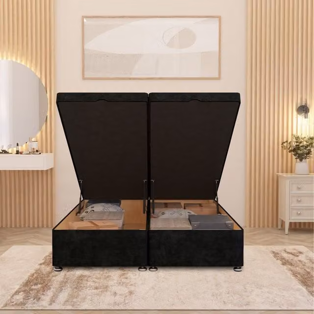 Horizona Single Storage Ottoman Bed with 54 Inch Floor Standing Headboard in Black Velvet