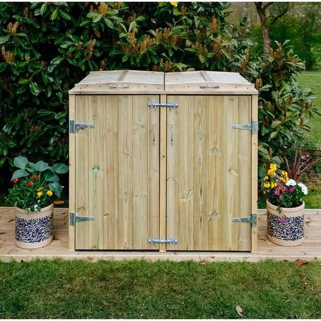 Buttercup Farm Shireburn Double Wheelie Bin Store in Brown, Fits 1x 180L or 240L and 1x 140L Bin, W/D/H: 134 x 80.4 x 120 cm