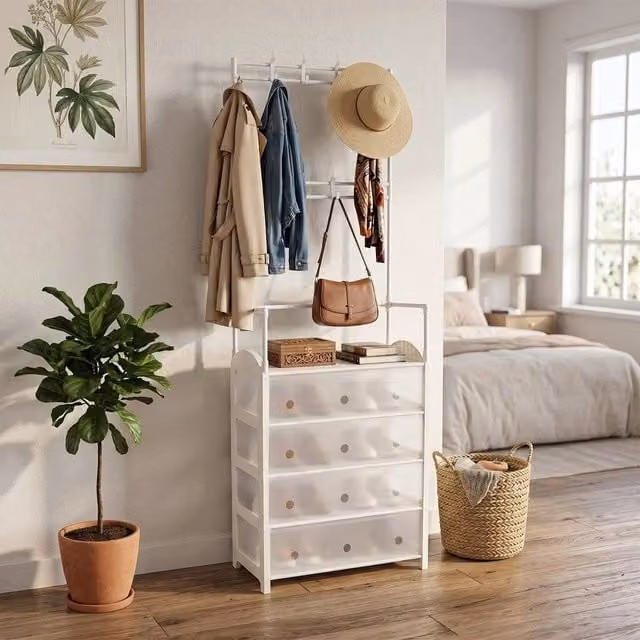 FORGEVIO White Coat and Hat Stand with 5 Dustproof Shelves, W/D/H: 60 x 31 x 175 cm – 1
