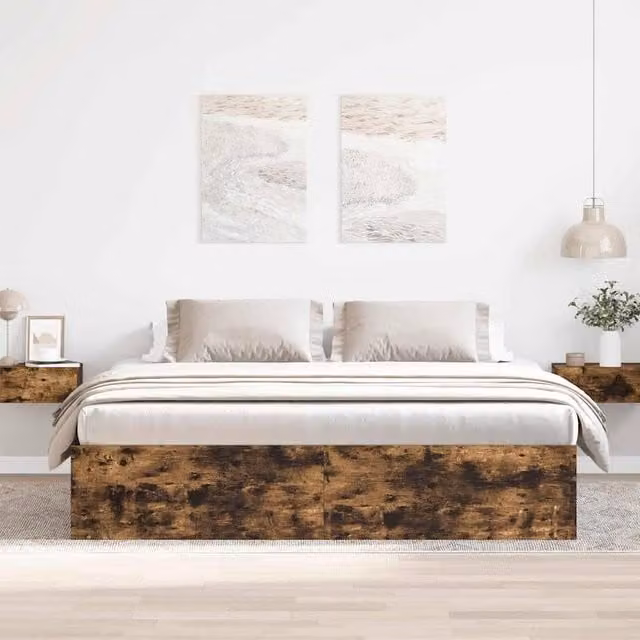 Berkfield Home Modern Bed Frame in Smoked Oak and Pine, Brown, W/D/H: 200 x 203 x 35 cm