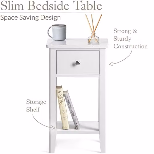 CHRISTOW Slim White Bedside Table with Drawer and Shelf – 2