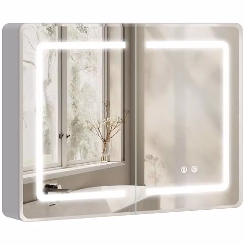 HOMCOM Silver LED Bathroom Mirror Cabinet with Anti-Fog Function and Sensor Switch, W: 60 cm, H: 80 cm, D: 13.5 cm