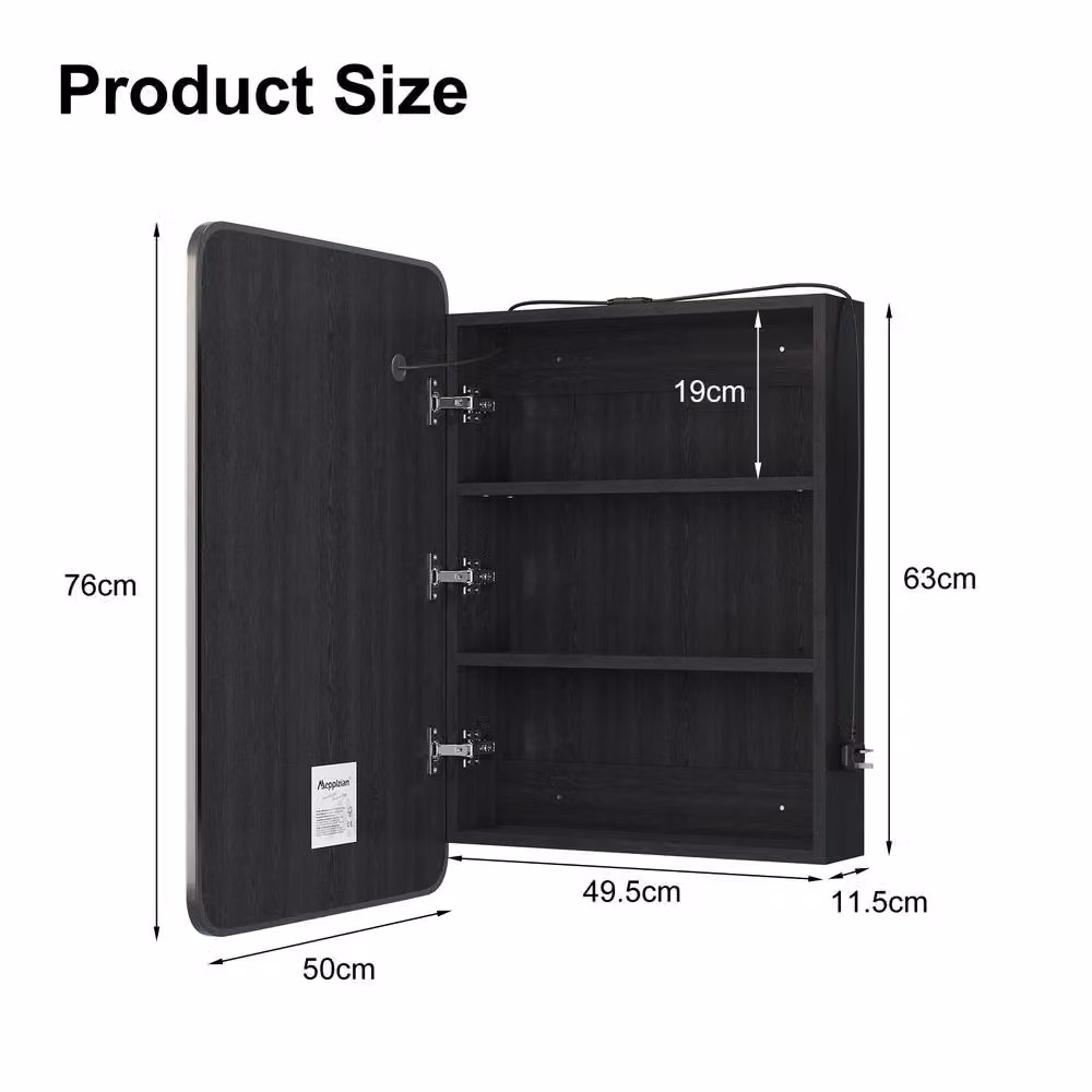 KEEPREAPER Black LED Bathroom Mirror Cabinet with 3-Colour Lighting, Demister and Touch Control, W: 50 cm, H: 76 cm – 4