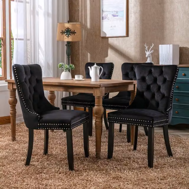 Modern Home Store Evelyn Velvet Dining Chairs in Black with Oak Wood Legs, Set of 4