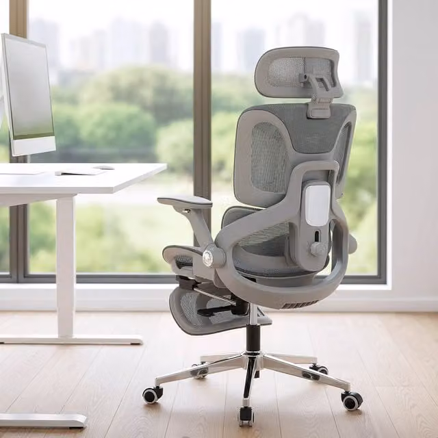 HOMCOM Ergonomic Grey Fabric Office Chair with Headrest and Lumbar Support
