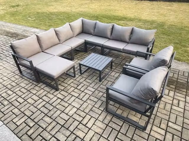 Fimous Outdoor Garden Furniture Set with L-Shape Corner Sofa, Coffee Table and Ottoman in Dark Grey Powder Coated Aluminium