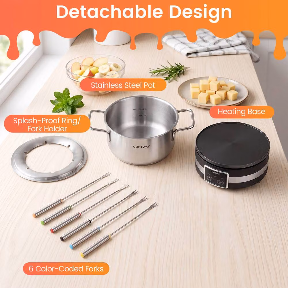 Costway 1200W Electric Fondue Pot Set with Adjustable Thermostat and Stainless Steel Pot in Silver – 5