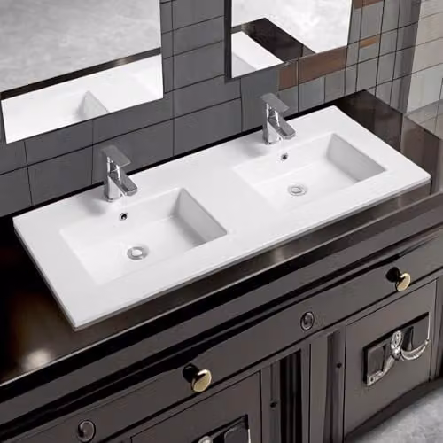 Limoge 4012 White Ceramic Double Inset Bathroom Basin with Dual Rectangular Bowls, W: 121 cm, D: 46 cm, H: 15.5 cm